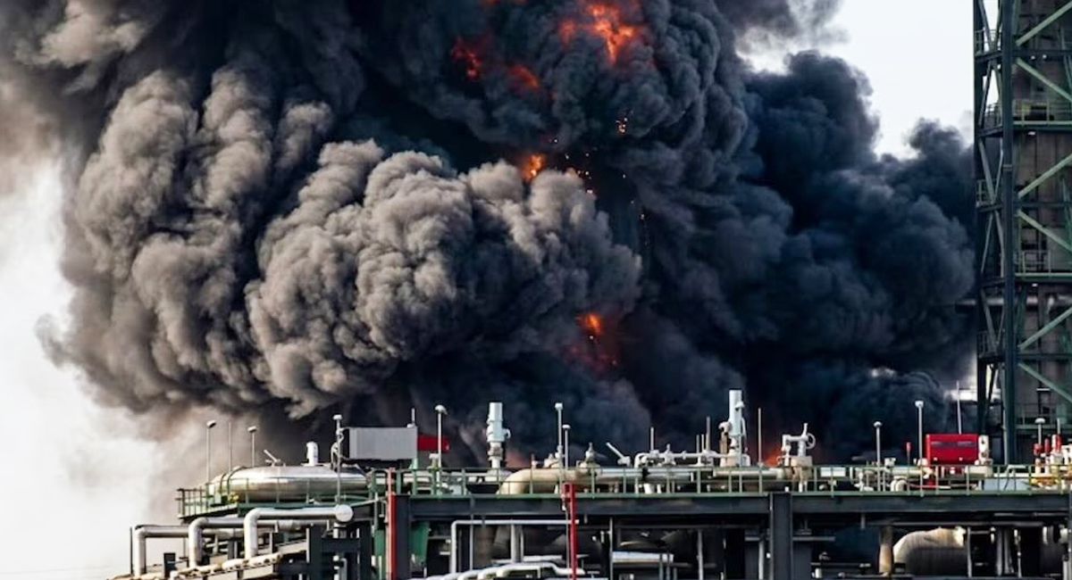 Una enorme columna de humo se alzo sobre el complejo petrolero