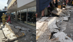 Colapsa marquesina en comercio del centro de Cajeme; no hay lesionados