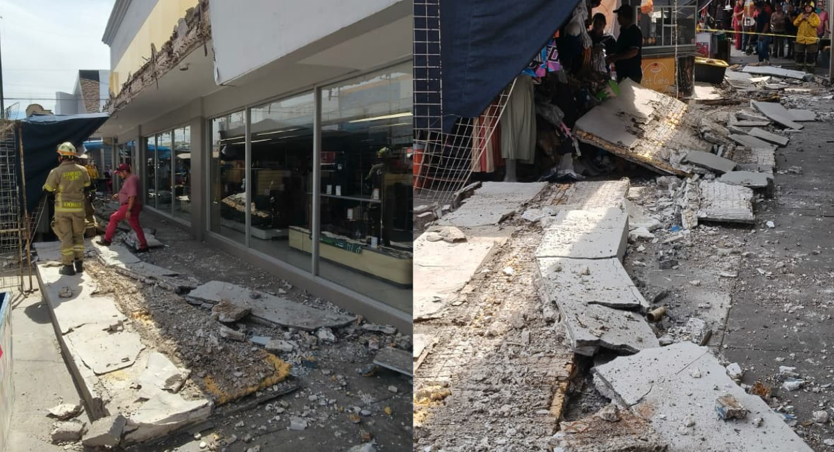 Colapsa marquesina en comercio del centro de Cajeme; no hay lesionados