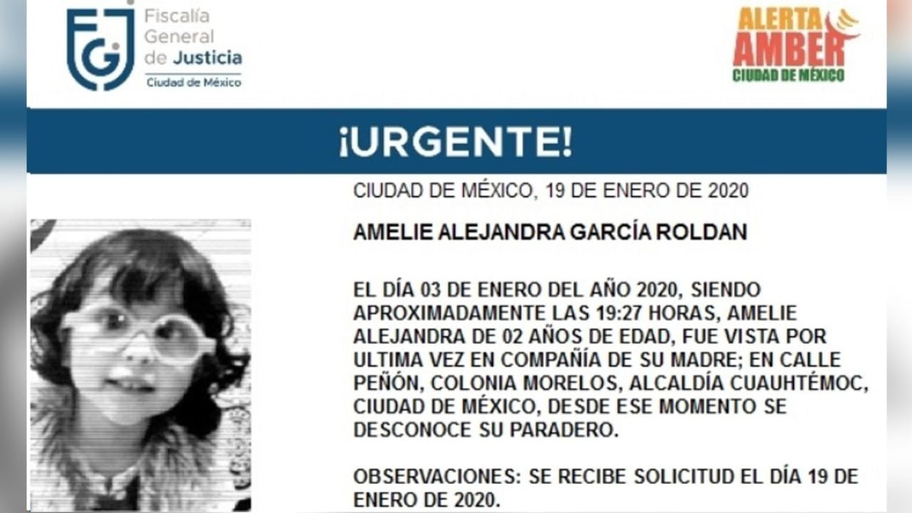 Con grandes lentes graduados desaparece Amelie, de 2 años en CDMX