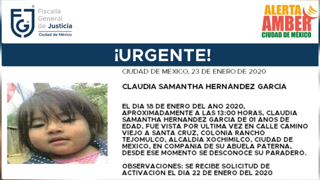 Desaparece Claudia, de apenas un año; estaba con su abuela en Xochimilco
