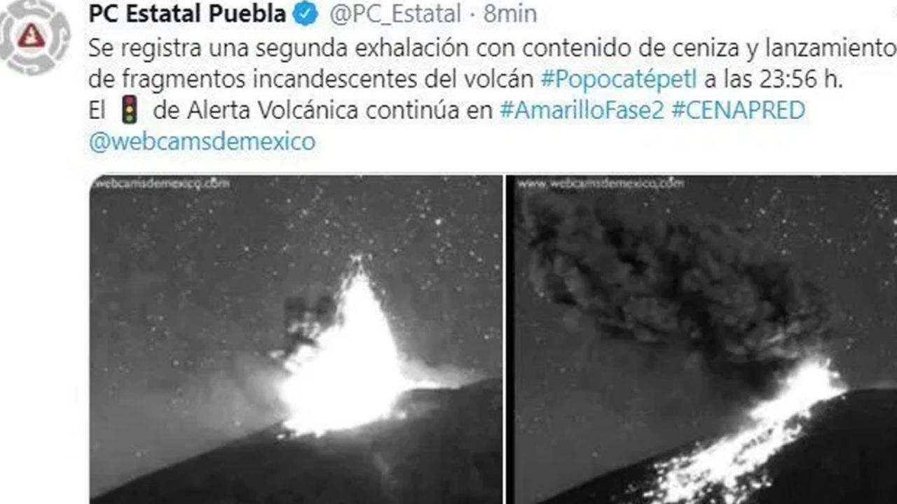 VIDEO: Popocatépetl registra 2 explosiones, columna de humo y ceniza