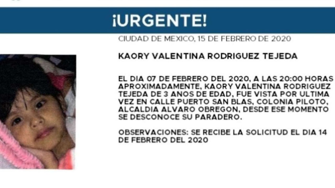 Ella es Kaory Valentina de 3 años, otra niña que desaparece en calles de CDMX