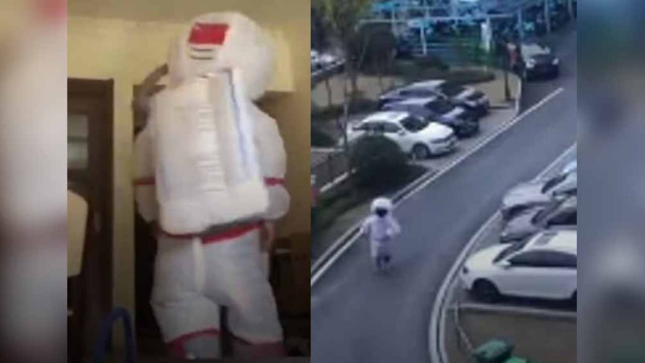 Hombre usa disfraz de astronauta para protegerse del coronavirus al salir