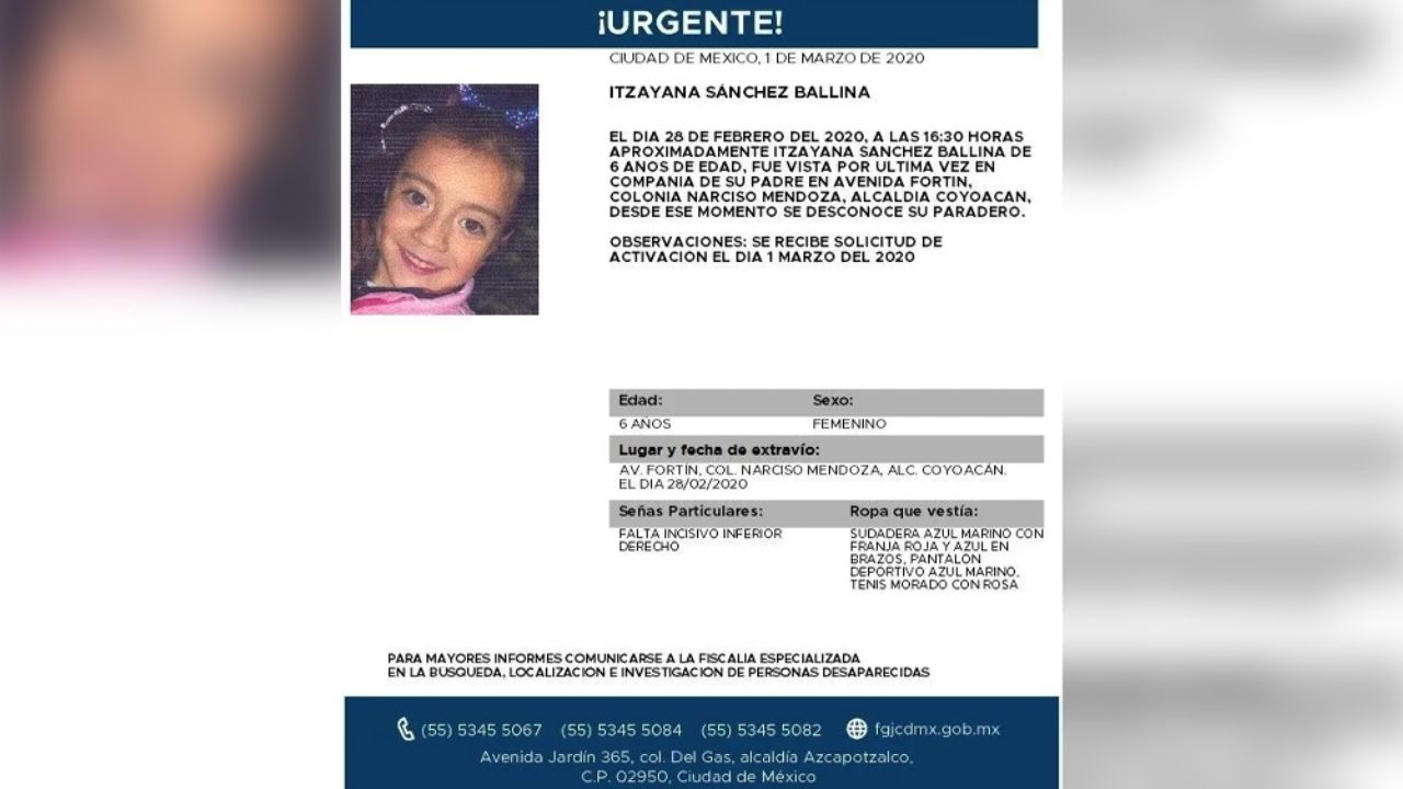Itzayana Sánchez de 6 años desaparece en CDMX; iba acompañada de su papá