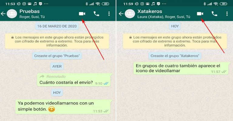 Forma de acceder a la videollamada grupal en WhatsApp.
