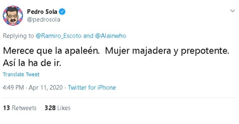 Mensaje de Pedro Sola en redes sociales