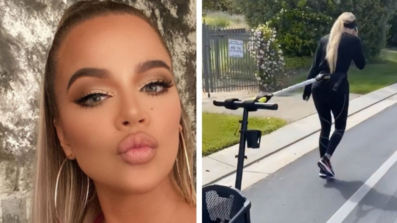 VIDEO: Khloé Kardashian se ejercita con la carriola de su hija atada a la cintura
