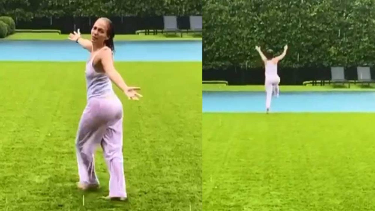 VIDEO: Jennifer Lopez causa sensación al bailar bajo la lluvia y dar chapuzón
