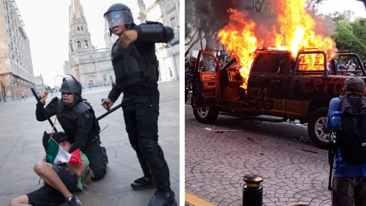 Manifestación en Guadalajara se sale de control; incendian patrulla y a oficial de Policía