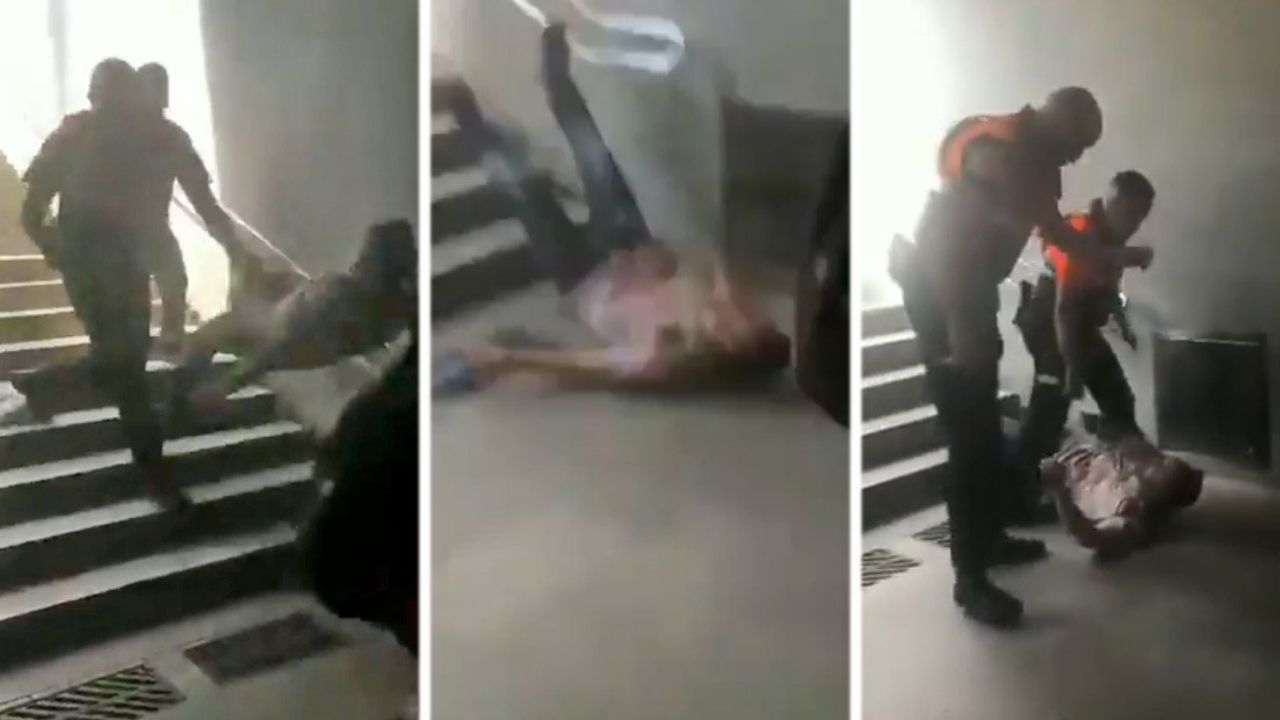 VIDEO: Sujeto cae desde unas escaleras tras ser empujado por vigilantes de un metro