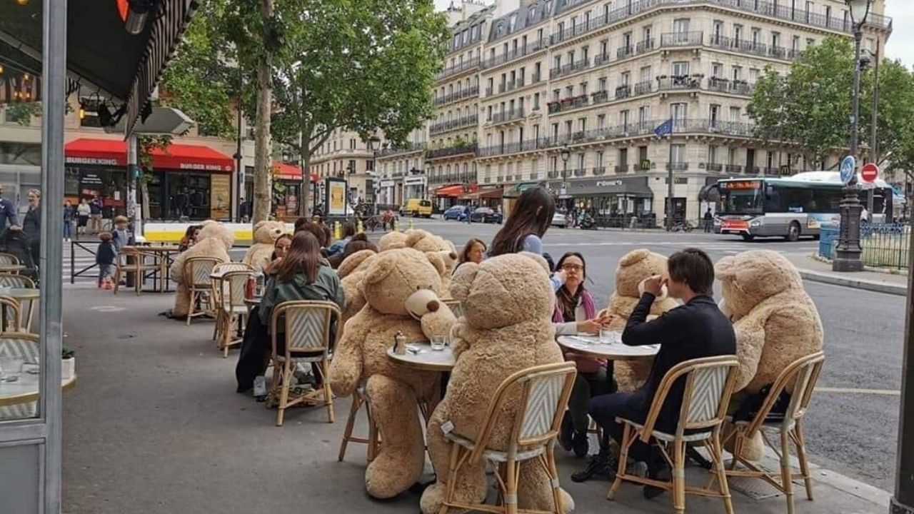 ¡Tomen nota! Con gigantes osos de peluche, así respetan el distanciamiento social en Francia