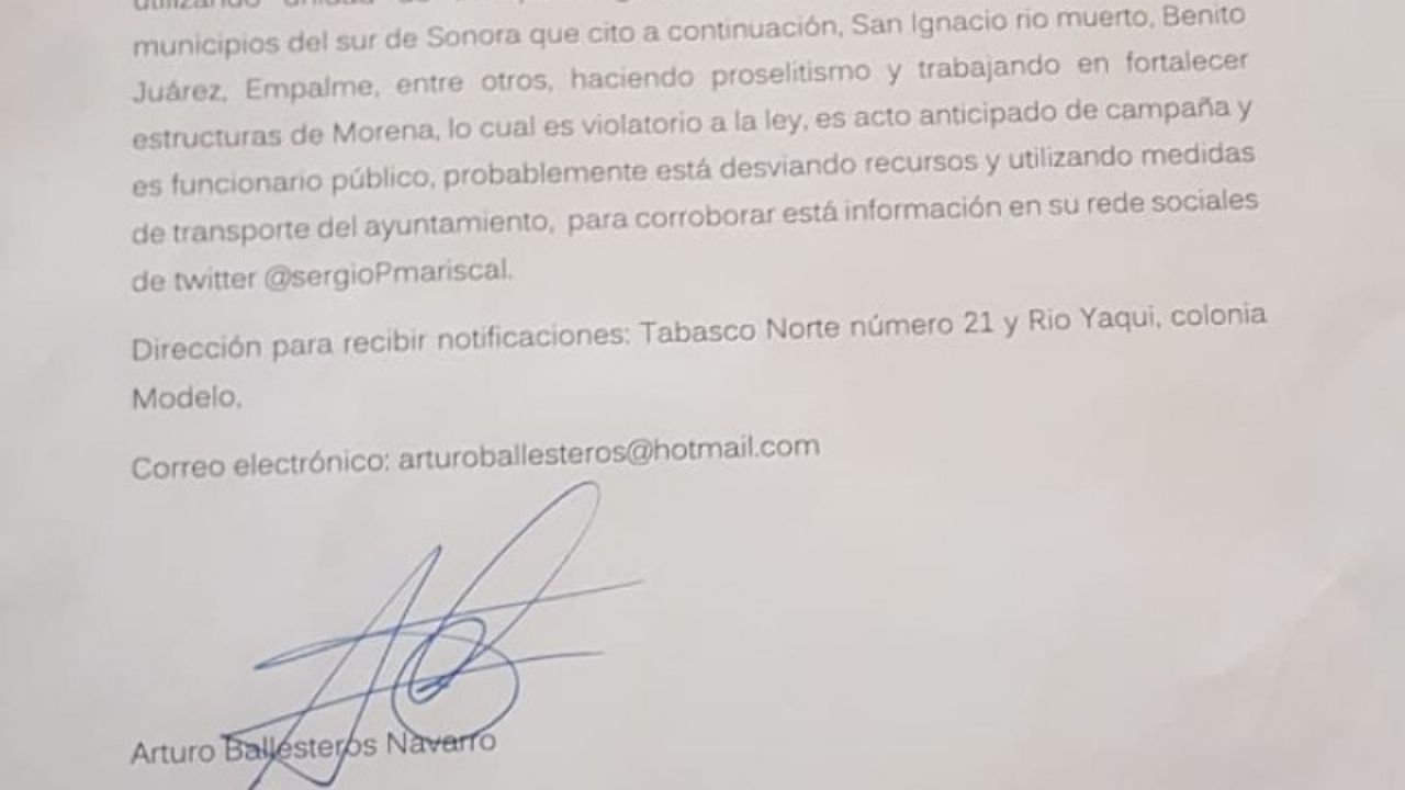 Ciudadano interpone denuncia contra Mariscal ante el IEE Sonora