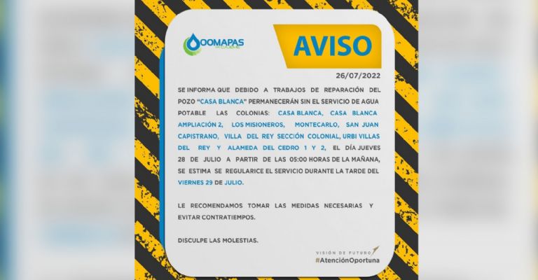 Oomapasc suspenderá el servicio del agua en estas colonias