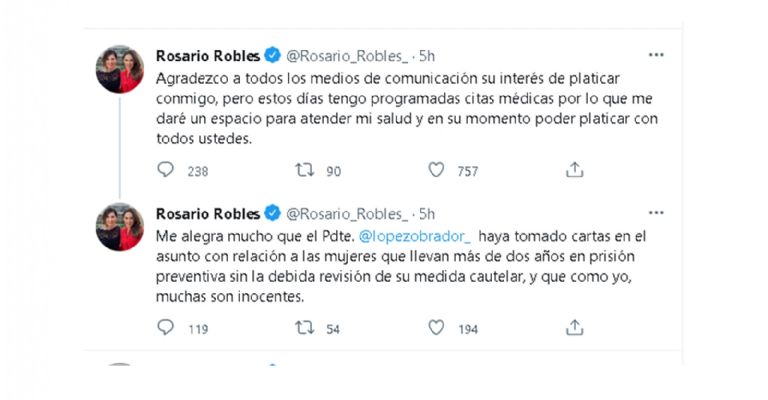 Rosario Robles se expresó en Twitter