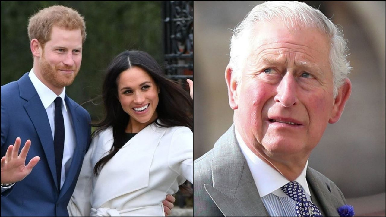 Fotografía de Carlos III, Meghan Markle y Harry Windsor