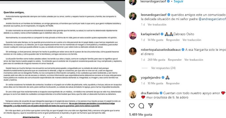 Esposa de Andrés García responde a comunicado de Leonardo por su padre