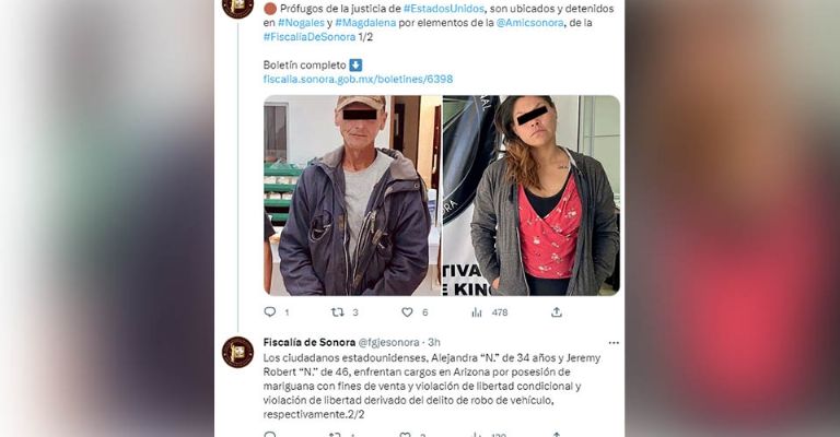Autoridades de Sonora aprehenden a dos estadounidenses prófugos de la justicia de aquel país