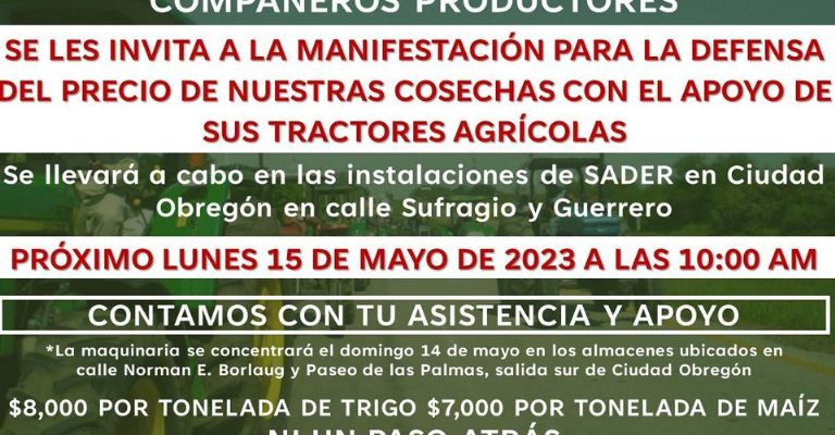 Productores del sur de Sonora iniciaran manifestaciones en el municipio de Cajeme