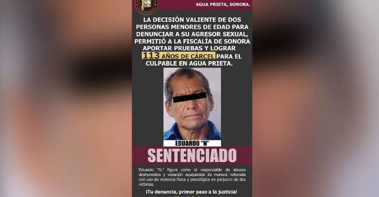 Eduardo recibe 113 años de cárcel por abusar de dos menores en Agua Prieta