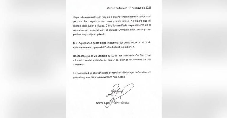 Norma Piña 'da' la cara; admite que polémica conversación con el senador Armenta es real