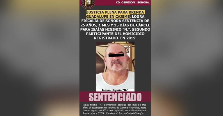 Isaías Higinio recibe más de 28 años de cárcel por el feminicidio de Brenda Guadalupe en Sonora