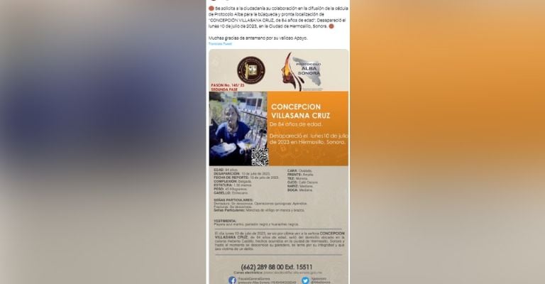 Buscan localizar a Concepción Villasanta Cruz