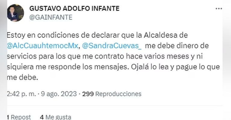 Gustavo Adolfo Infante señaló a Sandra Cuevas por deberle dinero