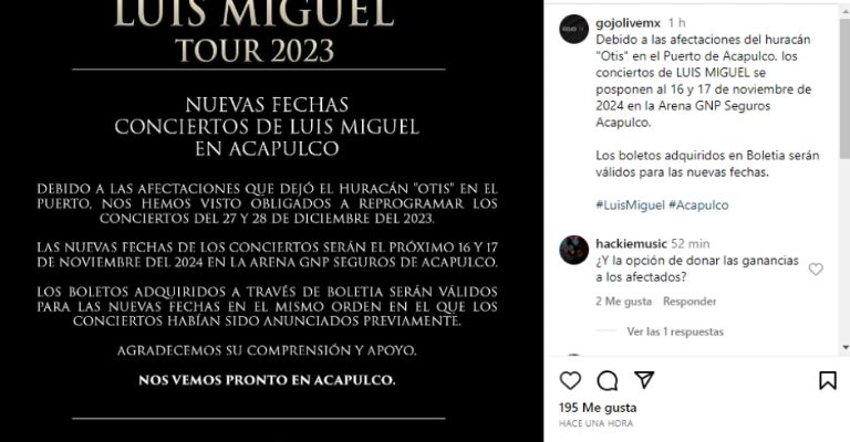 Luis Miguel cancela conciertos en Acapulco por afectaciones del Huracán Otis