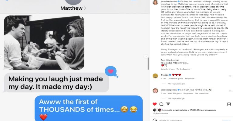 Jennifer Aniston revela última charla con Matthew Perry antes de morir y si recayó en vicios