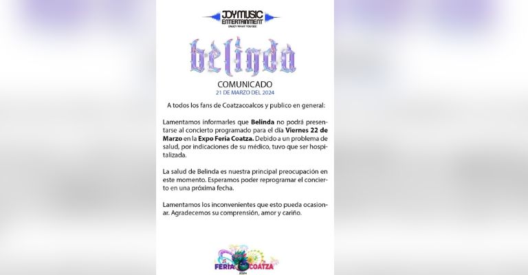 Belinda es hospitalizada de emergencia y cancela concierto