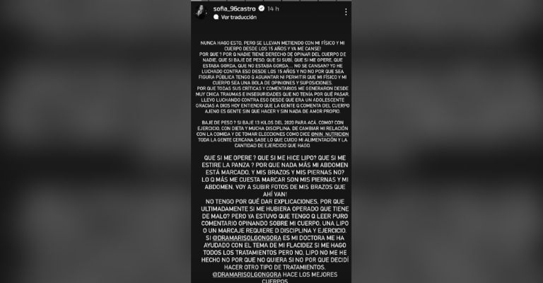 Sofía Castro estalla al ser criticada por su cuerpo y envía fuerte mensaje