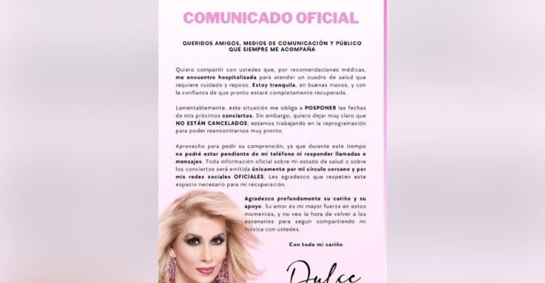 Dulce anuncia hospitalización y afirman que podría ser cáncer de pulmón