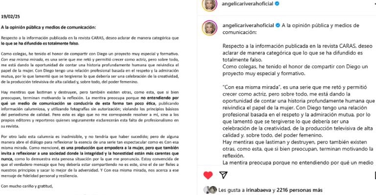 Comunicado de Angélica Rivera contra la revista Caras