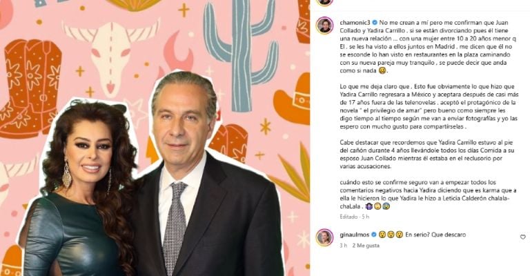 Juan Collado dejaría a Yadhira Carrillo por otra mujer más joven tras salir de prisión
