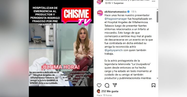 Productor de Televisa sufre preinfarto y se encuentra delicado según Gaby Spanic