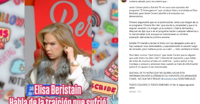 Elisa Beristain quiere exponer traición de Javier Ceriani pero él la amenaza y busca censurarla