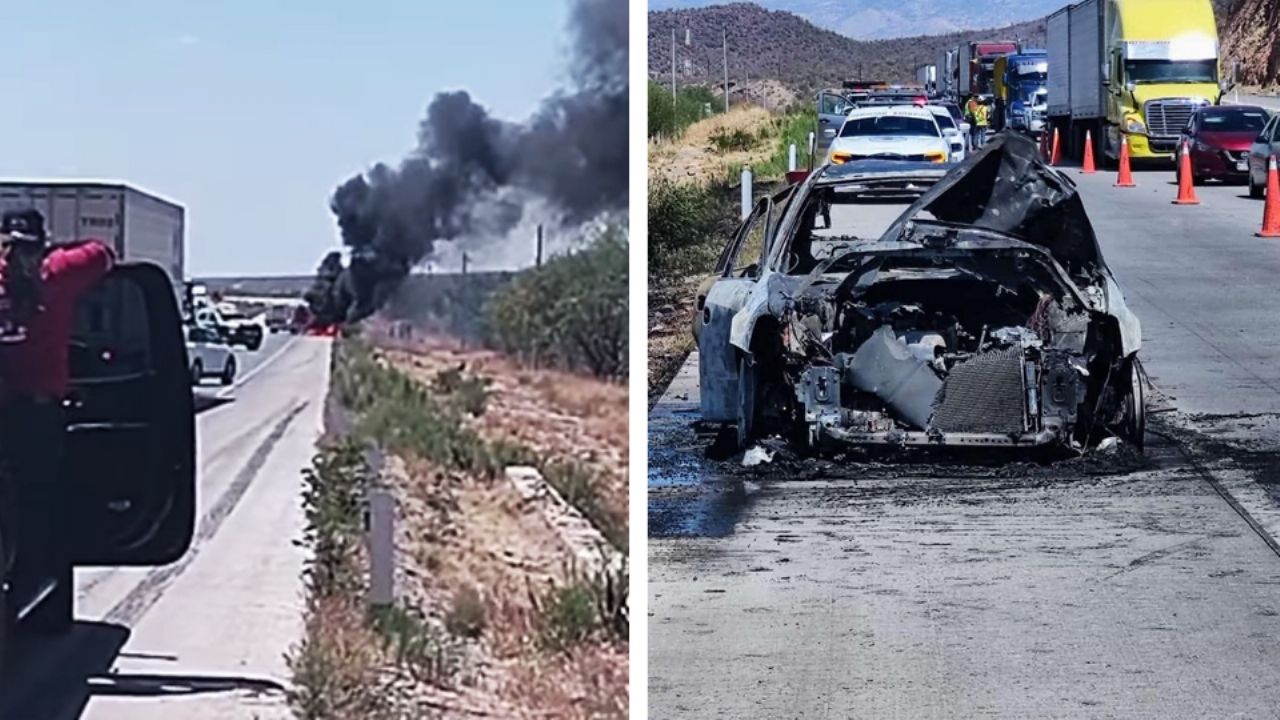 Fuego en carretera de Sonora: Sedán termina calcinado en el tramo Magdalena – Santa Ana