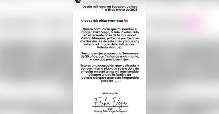 Erika Vega al fin rompe el silencio sobre caso de Valeria Márquez en el que es implicada