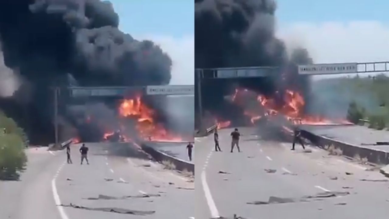 FUERTE VIDEO: Volcadura de pipa de gas genera incendio en autopista de Monterrey