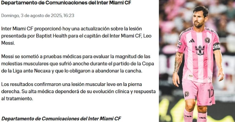 Comunicado que lanzó el Inter de Miami sobre los resultados de las pruebas realizadas a Messi