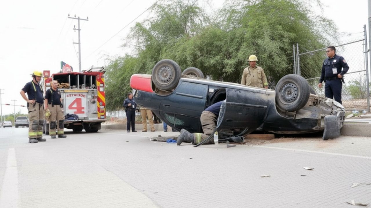 Termina auto llantas arriba tras volcar al norte de Hermosillo; hay dos personas heridas