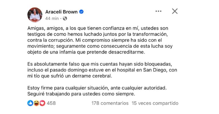 Araceli Brown a través de un comunicado