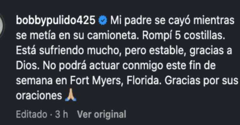 Bobby Pulido anuncia accidente de su padre