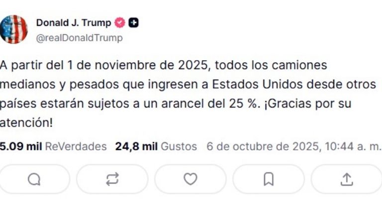 Trump fija arancel a camiones medianos y pesados