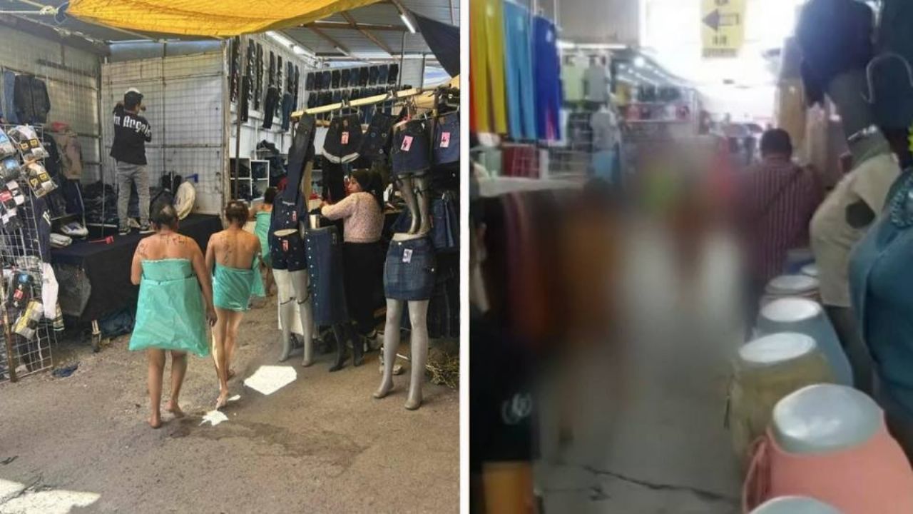 (VIDEO) Rapan y desnudan a presuntas ladronas para exhibirlas en tianguis de Puebla