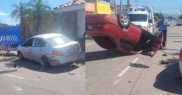 Se registra volcadura en Ciudad Obregón; auto queda con las llantas arriba