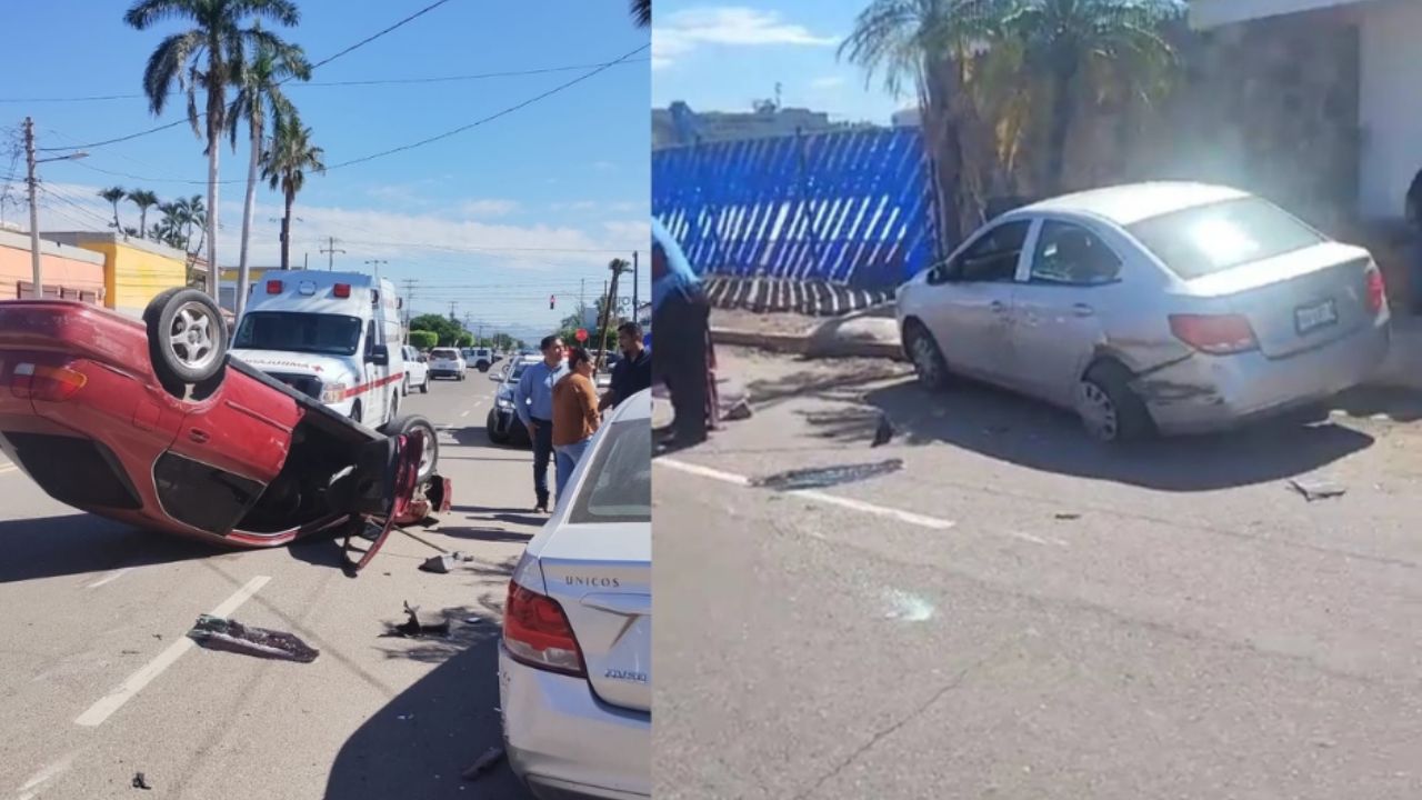 FOTOS: Se registra volcadura en Ciudad Obregón; auto queda con las llantas arriba
