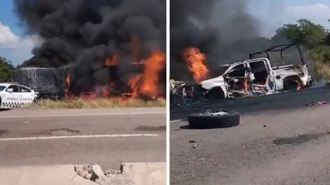 Reportan accidente múltiple en autopista Mazatlán-Culiacán; se incendia patrulla de la GN