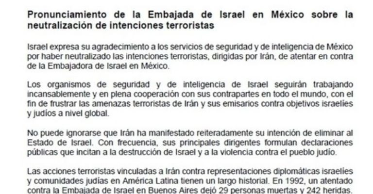 Israel agradece a México por evitar atentado
